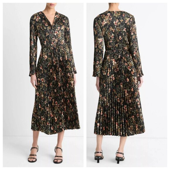 Vince Orchid Vine Pleated Satin Long-sleeve Midi Dress - Picture 1 of 4